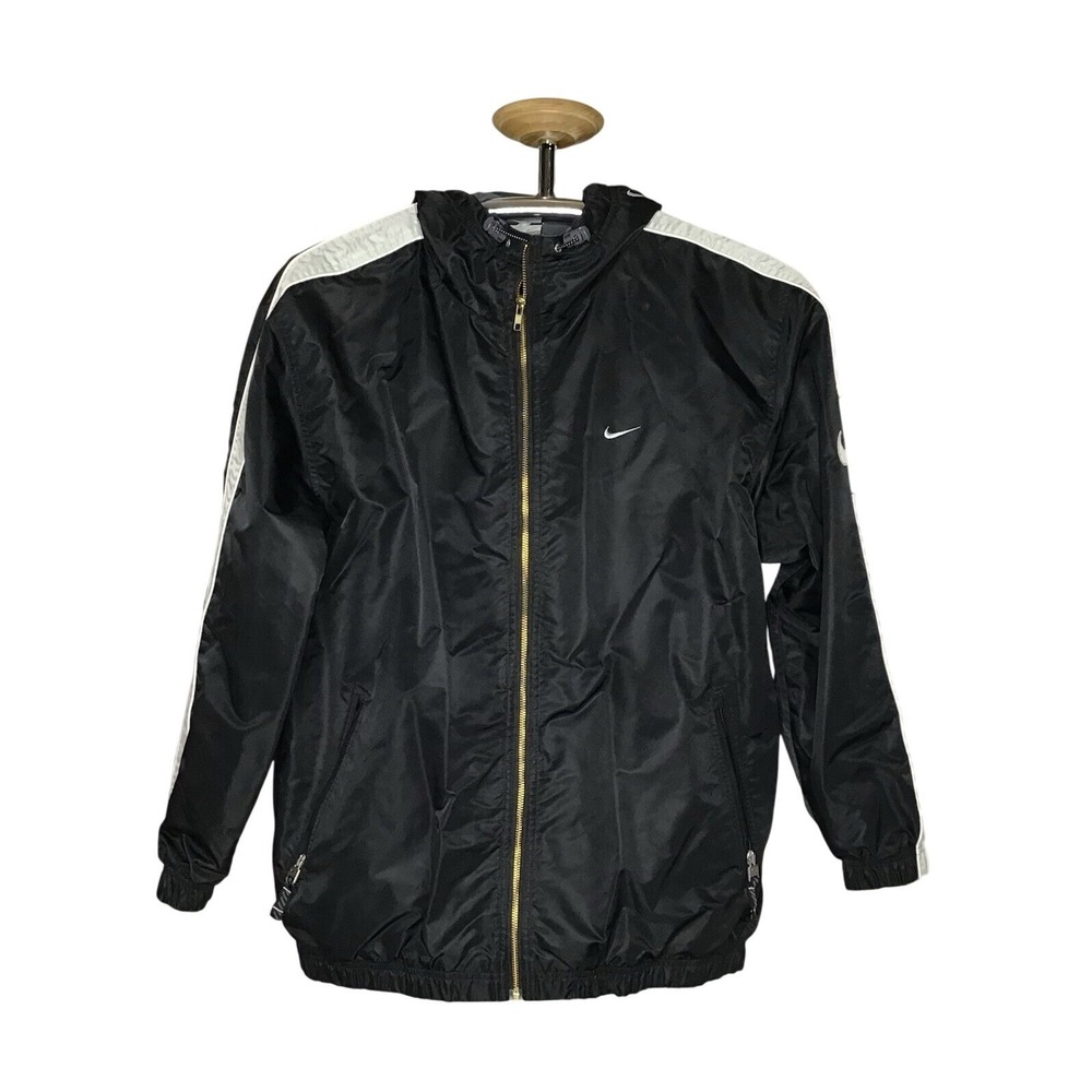 Vintage Full Zip Nike Logo Hooded Black‎ Jacket Size Large Fleece Lined READ